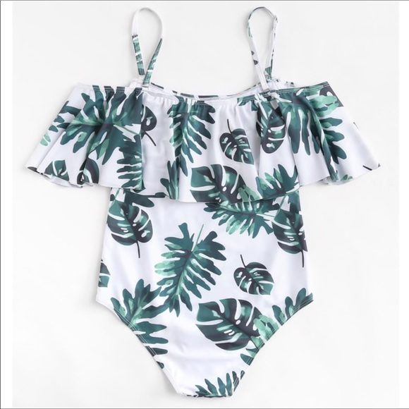 Tropical Leaf Print Ruffle Swimsuit - Picture 2 of 5